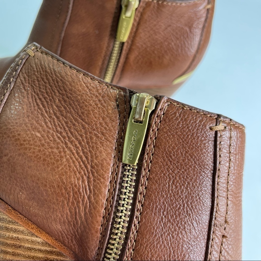 COACH Hattie Camel Brown Gold Leather Stacked Heel Ankle Classy Booties Boots - Picture 7 of 12